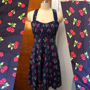 Med/Lg New Navy Cotton Cherry Retro Rockabilly Pinup Halter Dress Modcloth